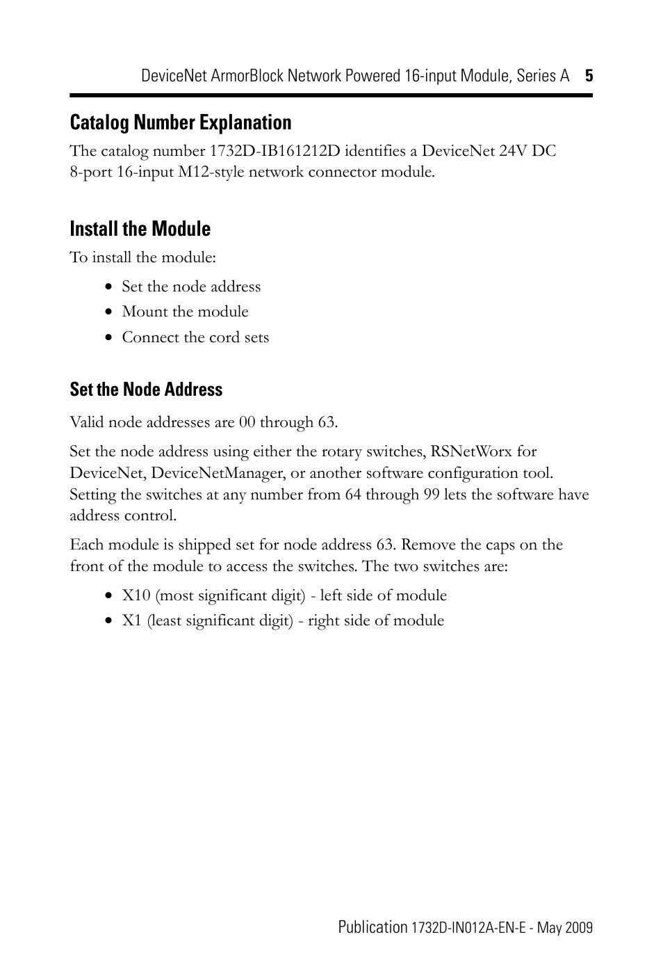Catalog number explanation, Install the module, Set the node address | Rockwell Automation 1732D-IB161212D DNet ArmorBlock Network Powered 16-input Module, Series A, IN User Manual | Page 5 / 20