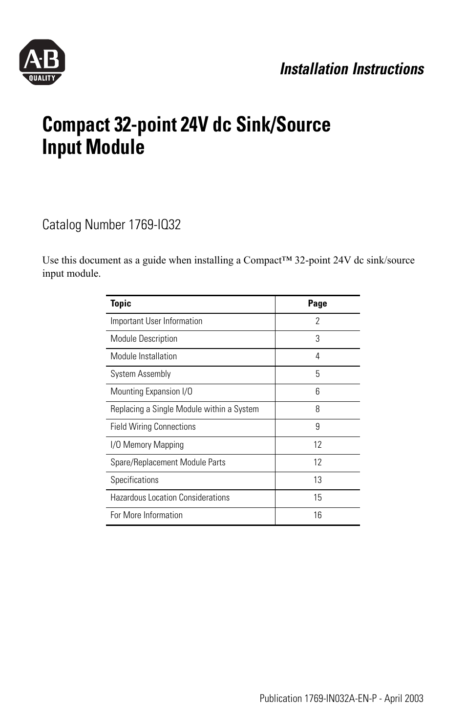 Rockwell Automation 1769-IQ32 Install Instr User Manual | 16 pages