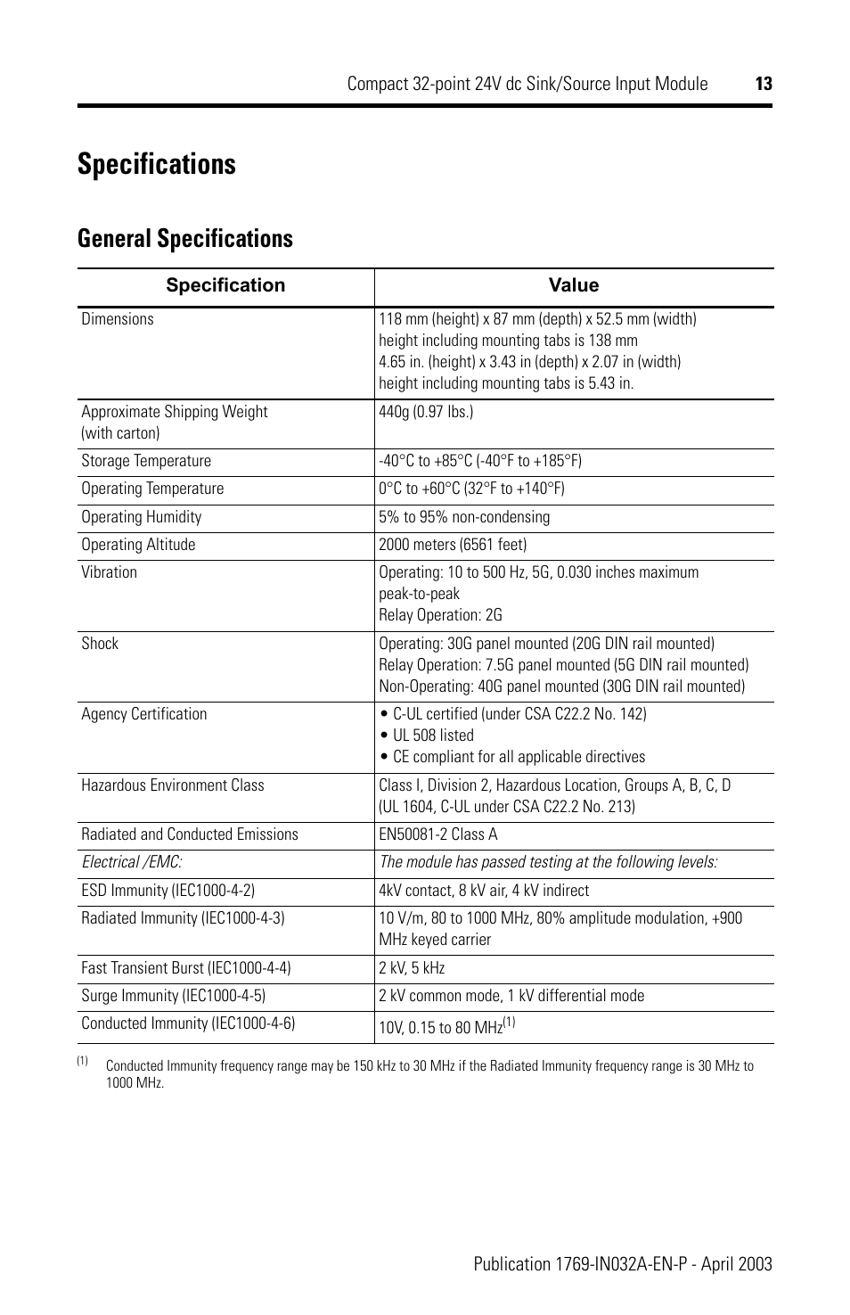 Specifications, General specifications | Rockwell Automation 1769-IQ32 Install Instr User Manual | Page 13 / 16