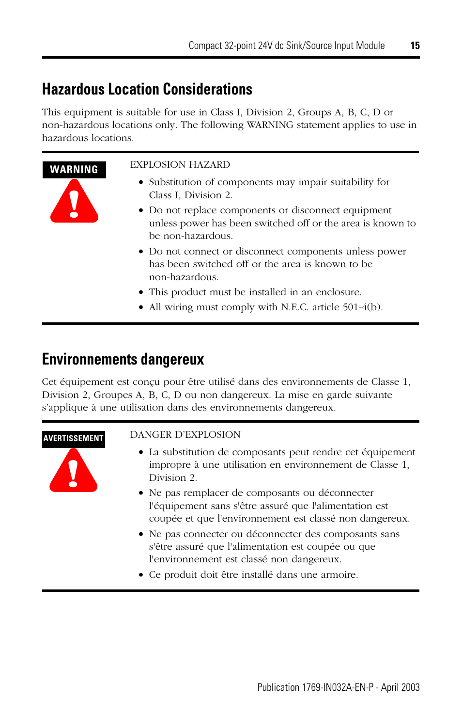 Hazardous location considerations, Environnements dangereux | Rockwell Automation 1769-IQ32 Install Instr User Manual | Page 15 / 16
