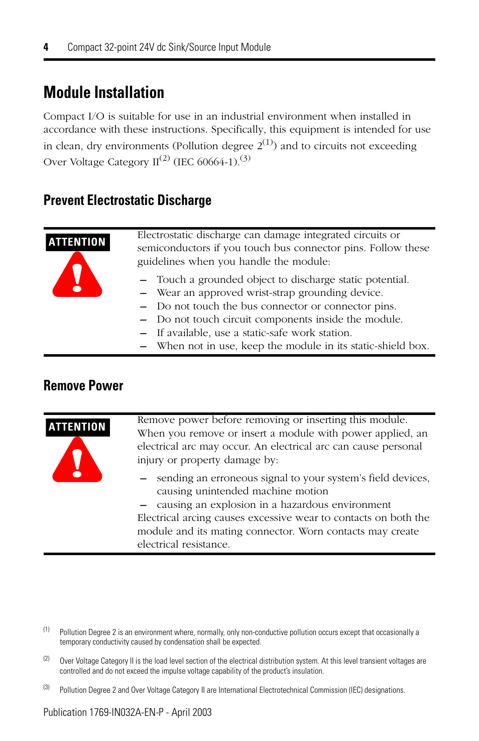 Module installation, Prevent electrostatic discharge remove power | Rockwell Automation 1769-IQ32 Install Instr User Manual | Page 4 / 16