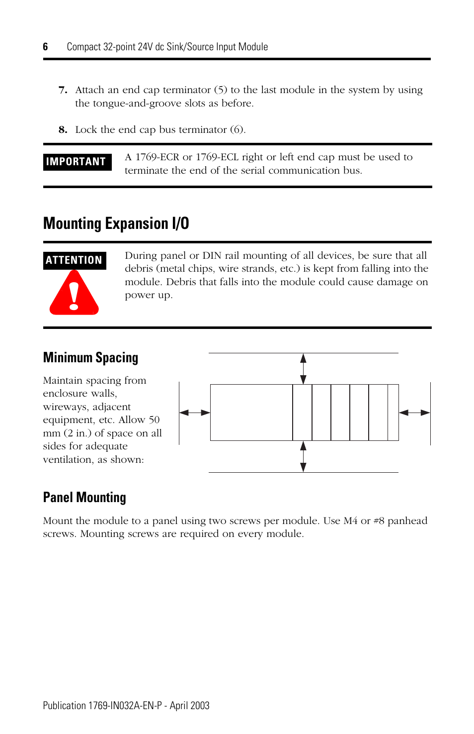 Mounting expansion i/o, Minimum spacing, Panel mounting | Rockwell Automation 1769-IQ32 Install Instr User Manual | Page 6 / 16