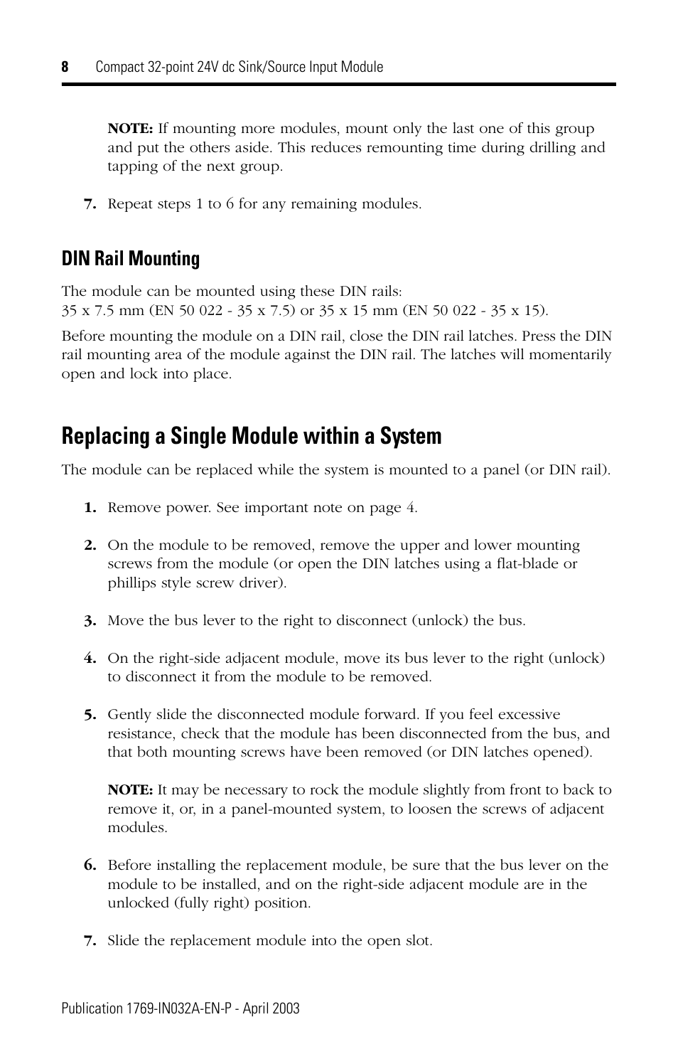 Replacing a single module within a system, Din rail mounting | Rockwell Automation 1769-IQ32 Install Instr User Manual | Page 8 / 16