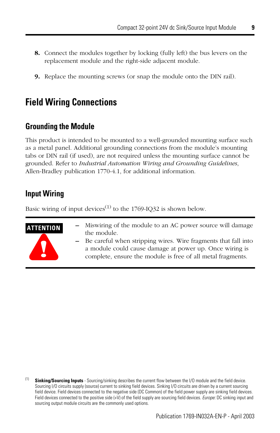 Field wiring connections | Rockwell Automation 1769-IQ32 Install Instr User Manual | Page 9 / 16