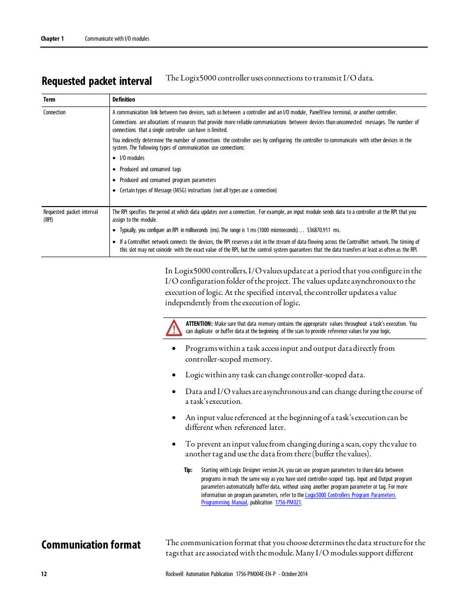 Requested packet interval, Communication format, Requested packet interval communication format | Rockwell Automation Logix5000 Controllers I/O and Tag Data Programming Manual User Manual | Page 12 / 86