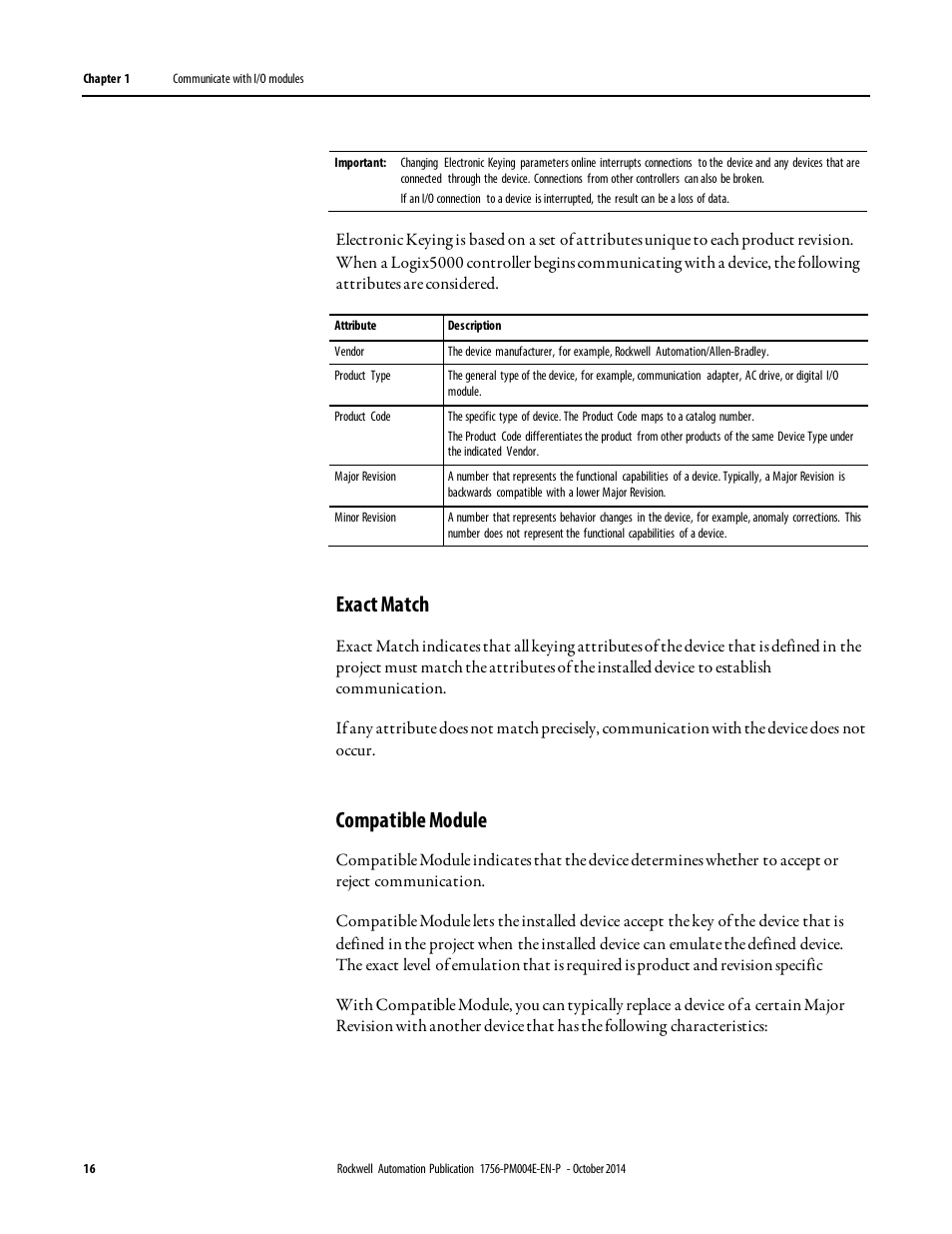 Exact match, Compatible keying, Compatible module | Rockwell Automation Logix5000 Controllers I/O and Tag Data Programming Manual User Manual | Page 16 / 86