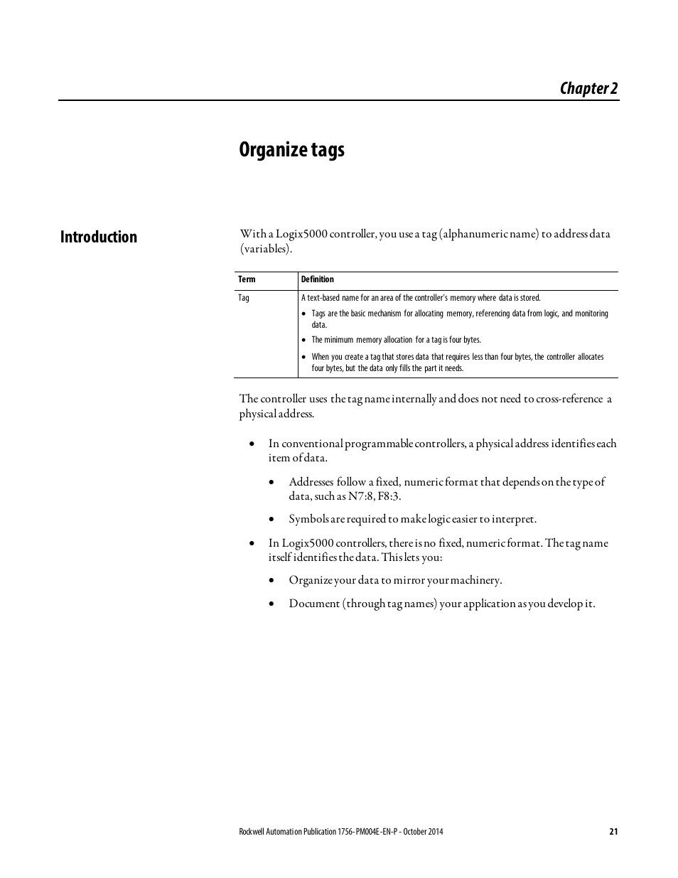 Organize tags, Introduction, Chapter 2 | Rockwell Automation Logix5000 Controllers I/O and Tag Data Programming Manual User Manual | Page 21 / 86