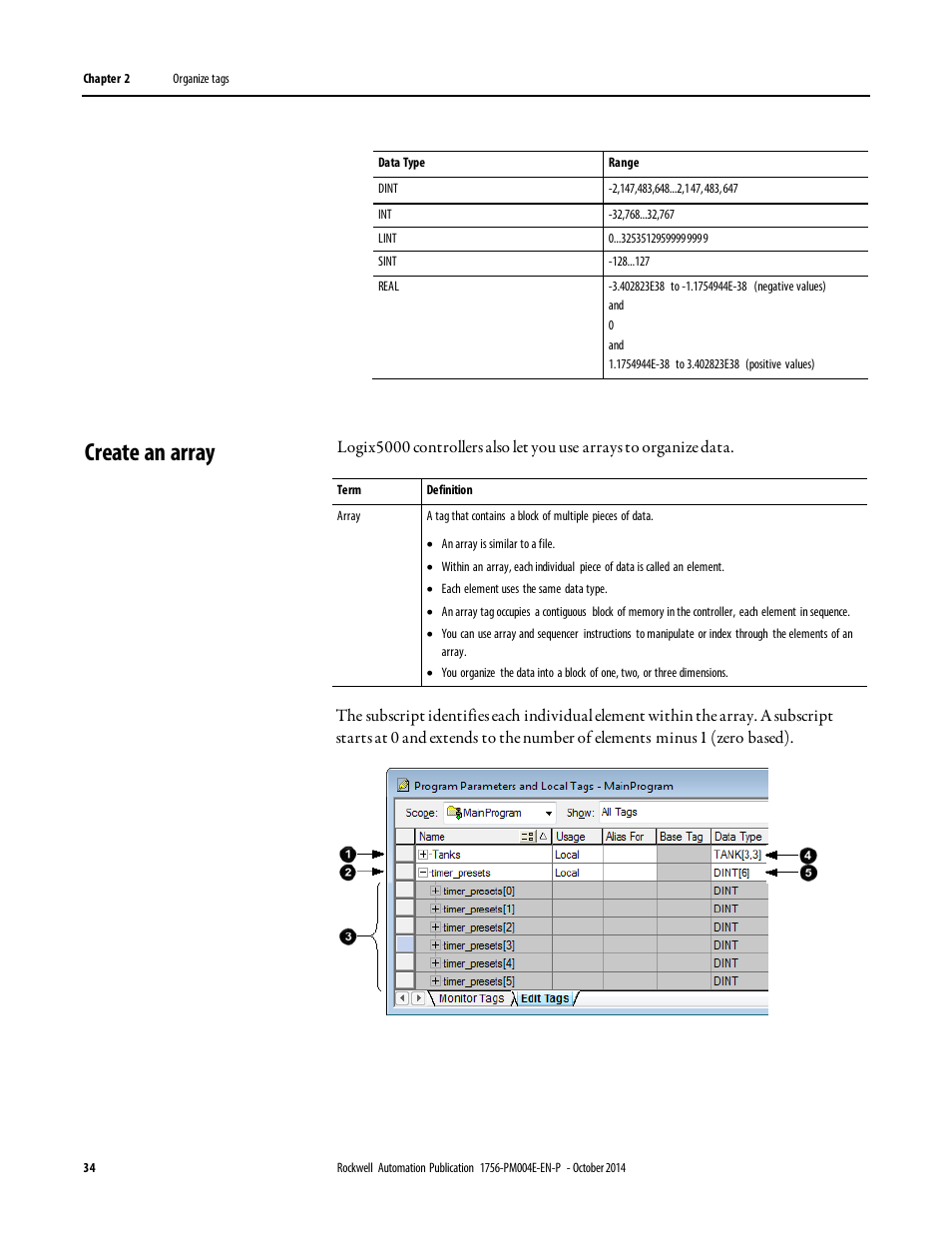 Create an array | Rockwell Automation Logix5000 Controllers I/O and Tag Data Programming Manual User Manual | Page 34 / 86