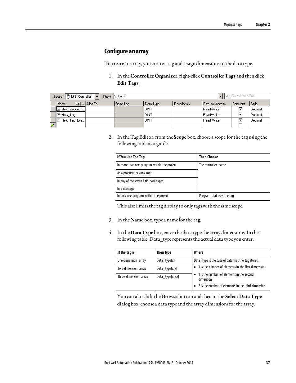 Configure an array | Rockwell Automation Logix5000 Controllers I/O and Tag Data Programming Manual User Manual | Page 37 / 86