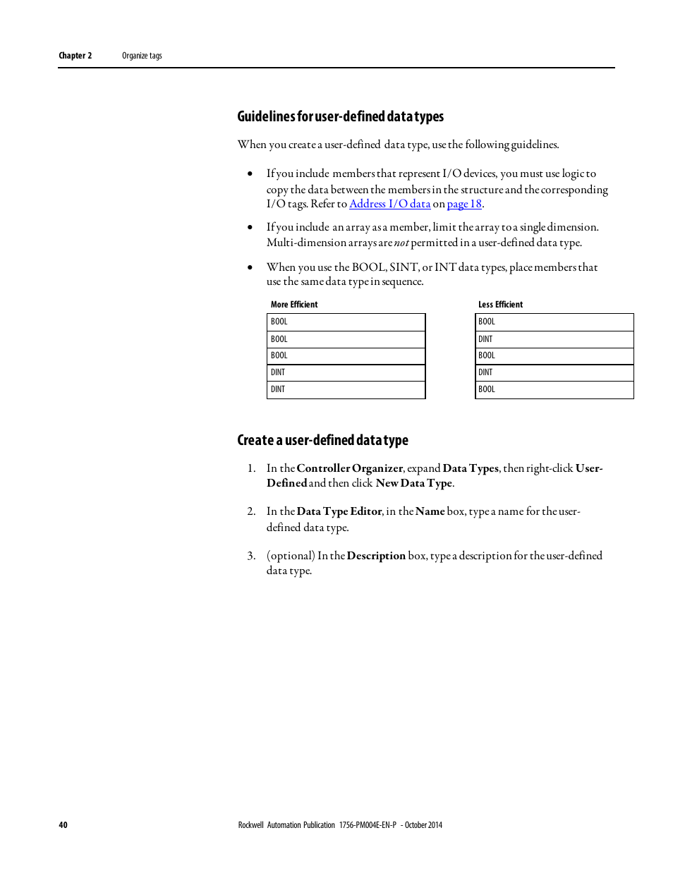 Guidelines for user-defined data types, Create a user-defined data type | Rockwell Automation Logix5000 Controllers I/O and Tag Data Programming Manual User Manual | Page 40 / 86