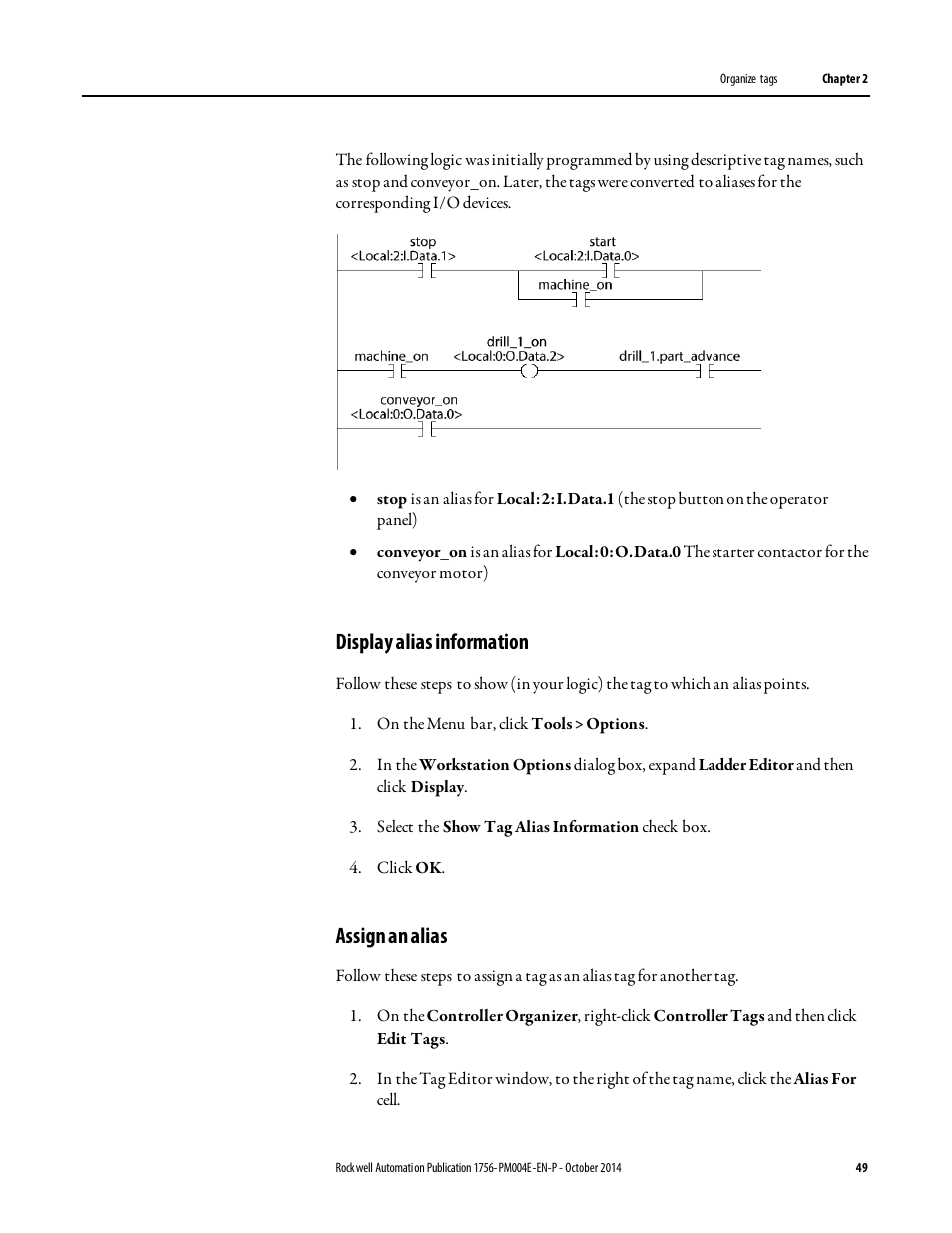 Display alias information, Assign an alias | Rockwell Automation Logix5000 Controllers I/O and Tag Data Programming Manual User Manual | Page 49 / 86
