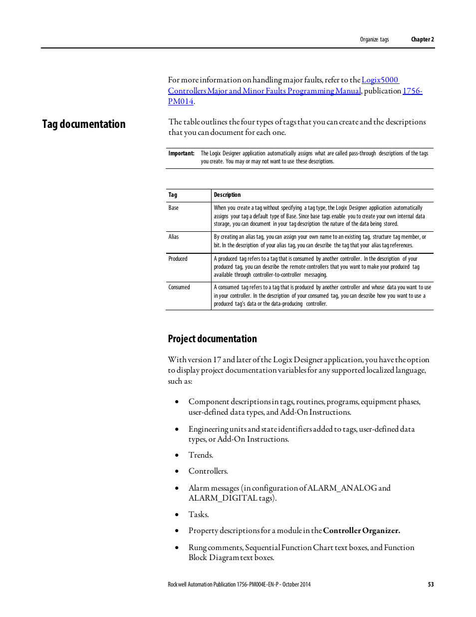 Tag documentation, Project documentation | Rockwell Automation Logix5000 Controllers I/O and Tag Data Programming Manual User Manual | Page 53 / 86