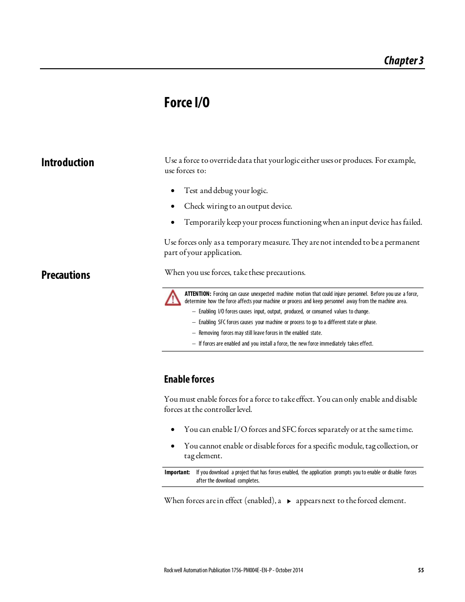 Force i/o, Introduction, Precautions | Chapter 3, Enable forces, Introduction precautions | Rockwell Automation Logix5000 Controllers I/O and Tag Data Programming Manual User Manual | Page 55 / 86