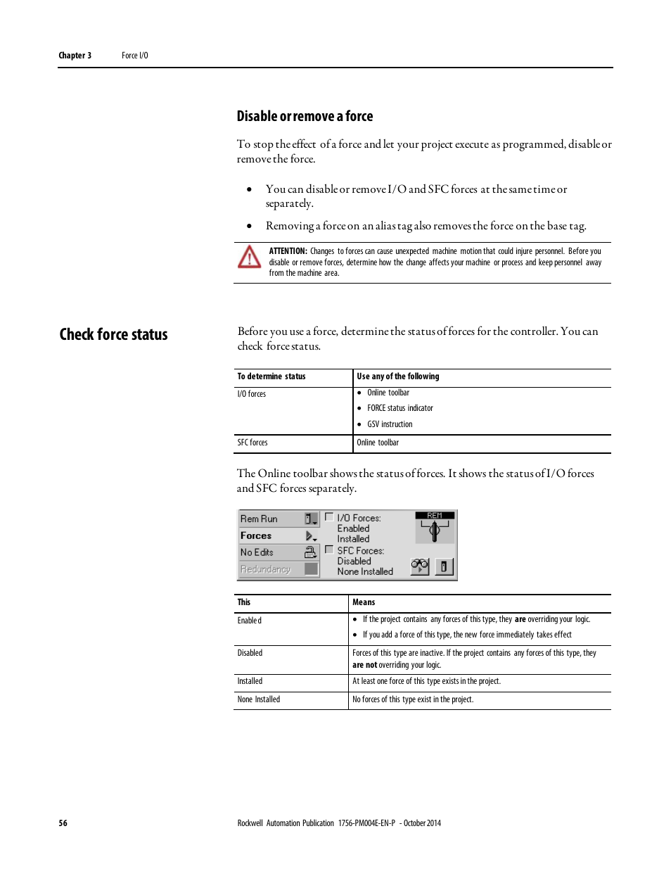 Check force status, Disable or remove a force | Rockwell Automation Logix5000 Controllers I/O and Tag Data Programming Manual User Manual | Page 56 / 86