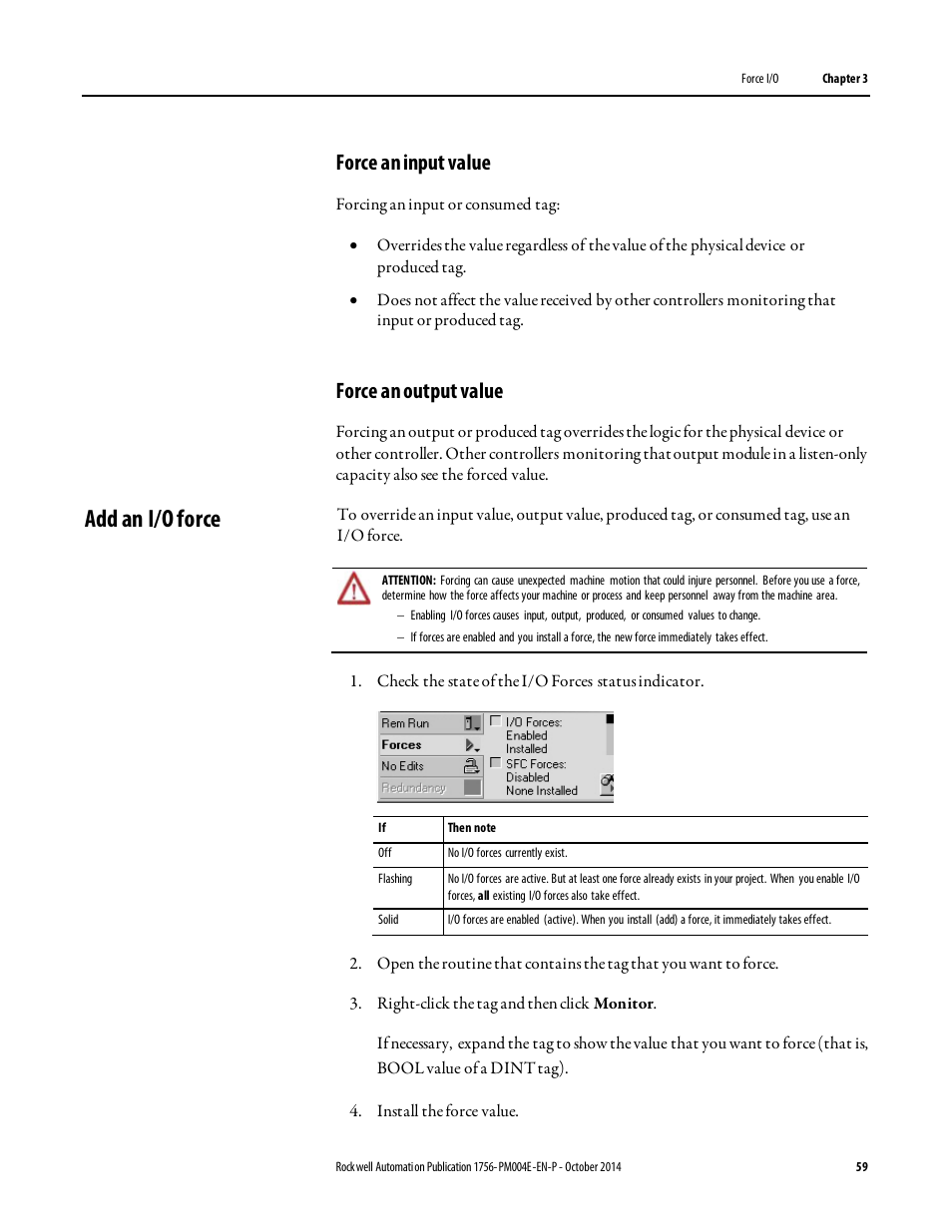 Add an i/o force, Force an input value, Force an output value | Rockwell Automation Logix5000 Controllers I/O and Tag Data Programming Manual User Manual | Page 59 / 86