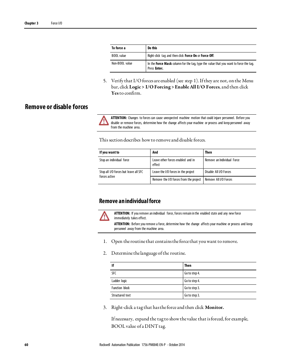 Remove or disable forces, Remove an individual force | Rockwell Automation Logix5000 Controllers I/O and Tag Data Programming Manual User Manual | Page 60 / 86