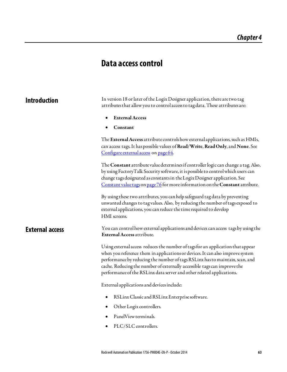 Data access control, Introduction, External access | Chapter 4, Introduction external access | Rockwell Automation Logix5000 Controllers I/O and Tag Data Programming Manual User Manual | Page 63 / 86