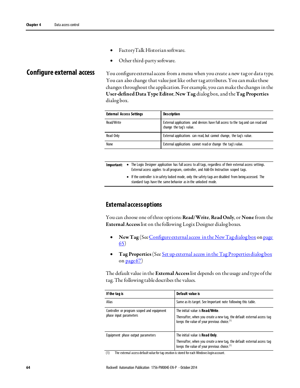 Configure external access, External access options | Rockwell Automation Logix5000 Controllers I/O and Tag Data Programming Manual User Manual | Page 64 / 86