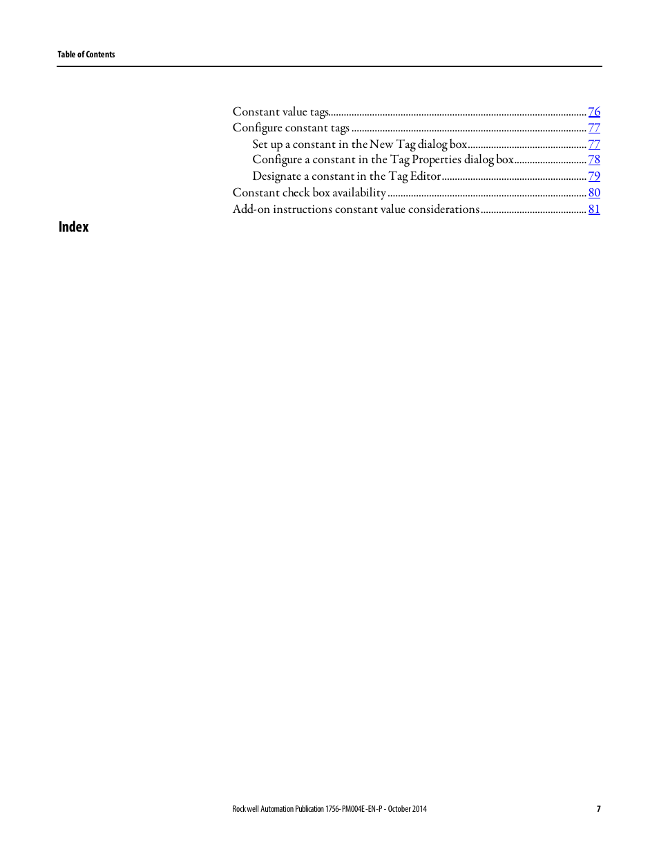 Index | Rockwell Automation Logix5000 Controllers I/O and Tag Data Programming Manual User Manual | Page 7 / 86