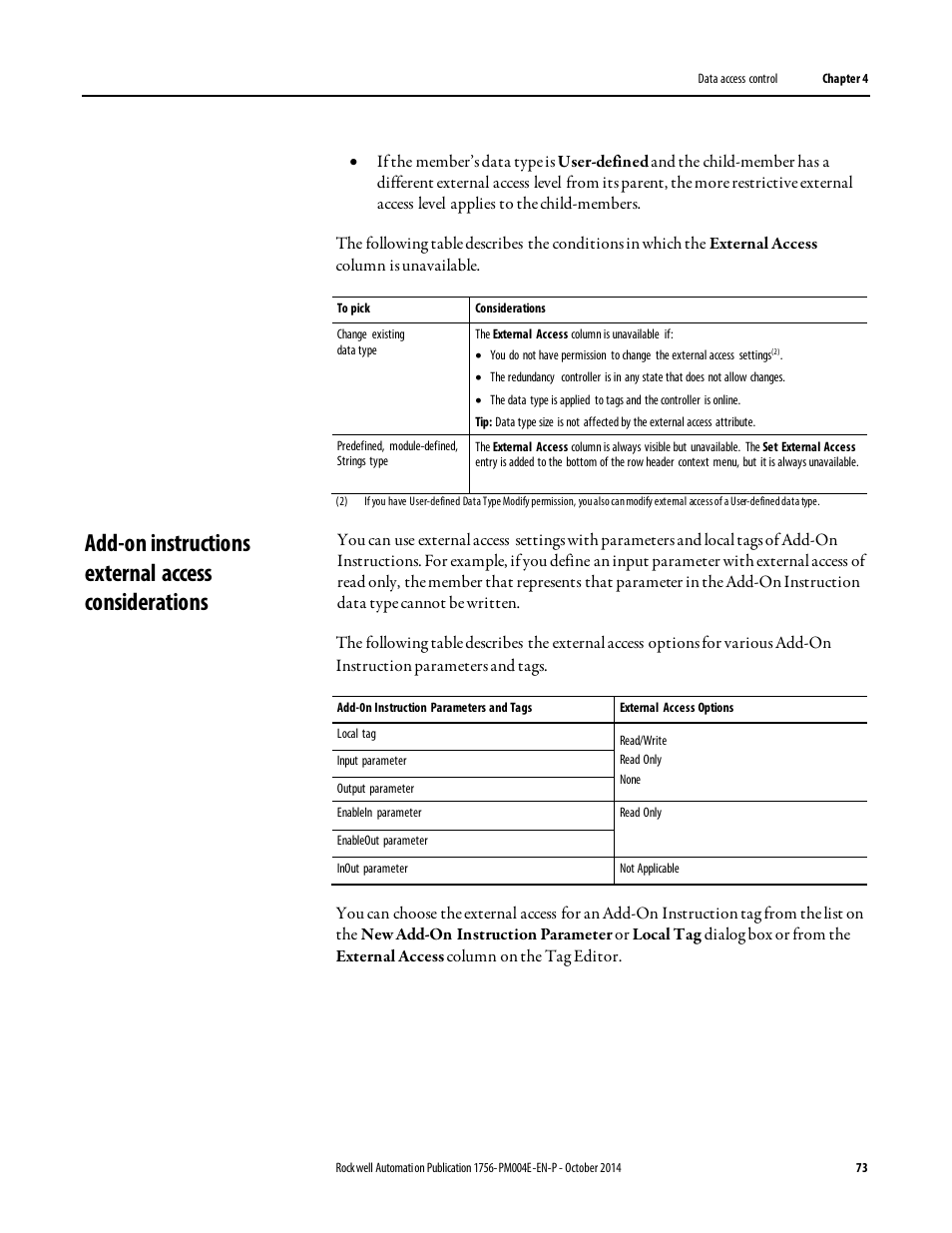 Add-on instructions external access considerations | Rockwell Automation Logix5000 Controllers I/O and Tag Data Programming Manual User Manual | Page 73 / 86