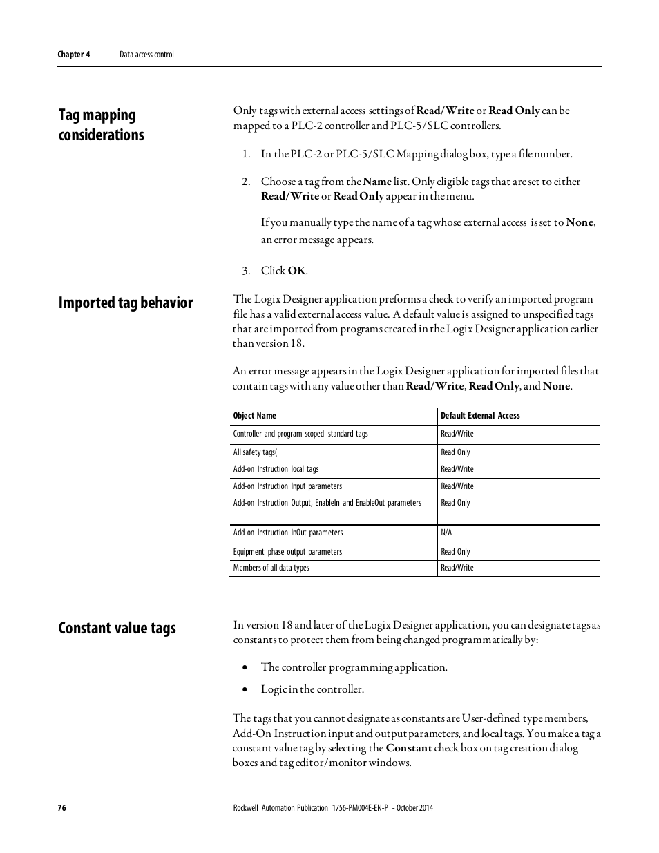 Tag mapping considerations, Imported tag behavior, Constant value tags | Rockwell Automation Logix5000 Controllers I/O and Tag Data Programming Manual User Manual | Page 76 / 86