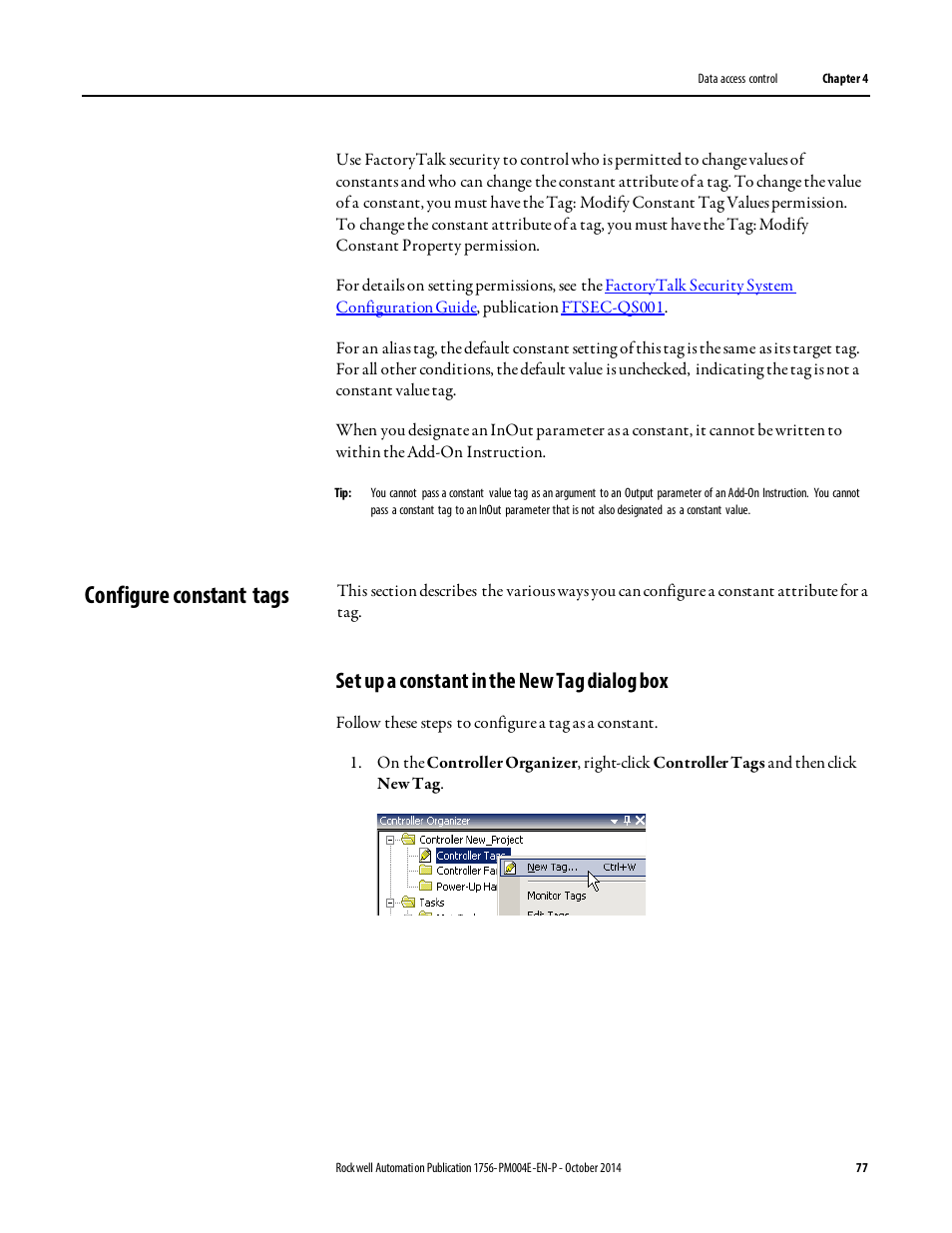 Configure constant tags, Set up a constant in the new tag dialog box | Rockwell Automation Logix5000 Controllers I/O and Tag Data Programming Manual User Manual | Page 77 / 86