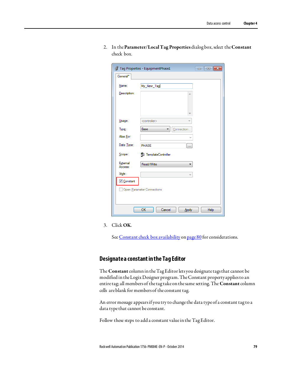 Designate a constant in the tag editor | Rockwell Automation Logix5000 Controllers I/O and Tag Data Programming Manual User Manual | Page 79 / 86