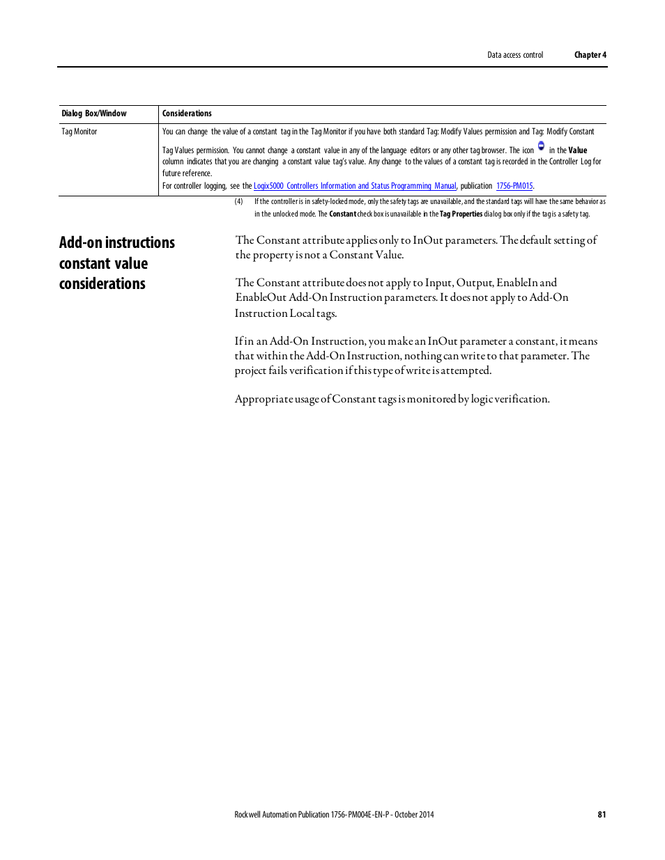 Add-on instructions constant value considerations | Rockwell Automation Logix5000 Controllers I/O and Tag Data Programming Manual User Manual | Page 81 / 86