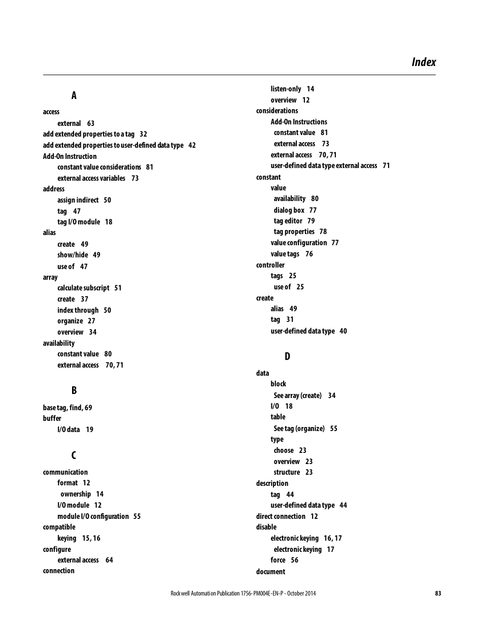 Index | Rockwell Automation Logix5000 Controllers I/O and Tag Data Programming Manual User Manual | Page 83 / 86