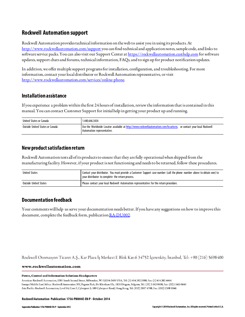 Rockwell automation support, Installation assistance, New product satisfaction return | Documentation feedback | Rockwell Automation Logix5000 Controllers I/O and Tag Data Programming Manual User Manual | Page 86 / 86