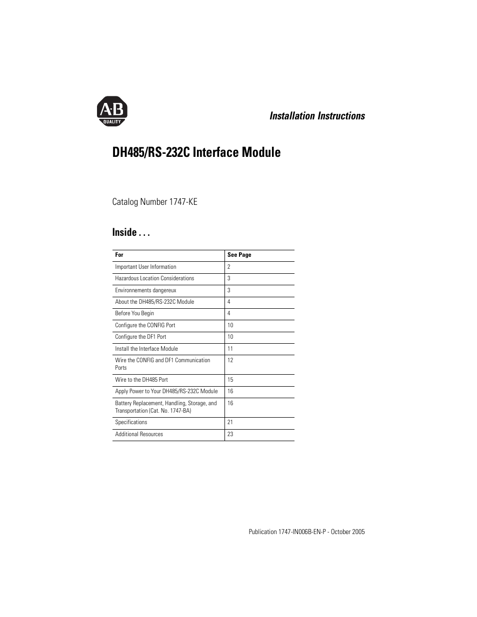 Rockwell Automation 1747-KE DH-485/RS-232C INTERFACE MODULE User Manual | 24 pages