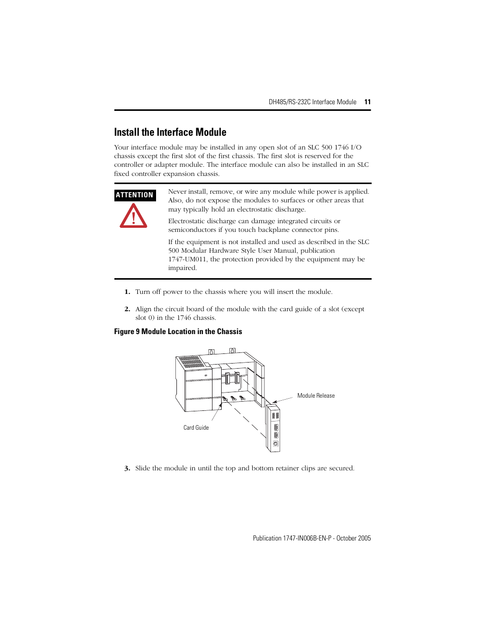 Install the interface module | Rockwell Automation 1747-KE DH-485/RS-232C INTERFACE MODULE User Manual | Page 11 / 24