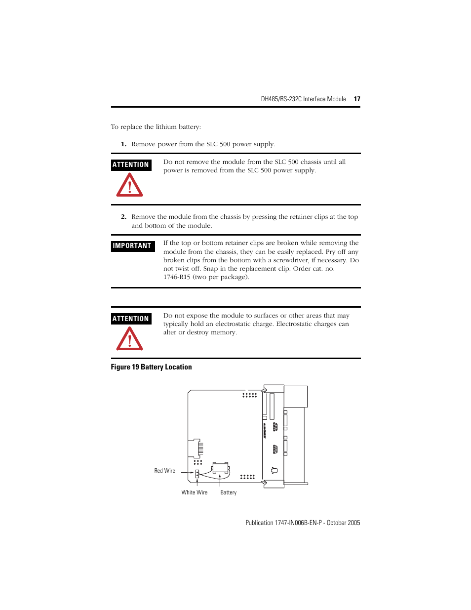 Figure 19 battery location, Red wire white wire battery | Rockwell Automation 1747-KE DH-485/RS-232C INTERFACE MODULE User Manual | Page 17 / 24