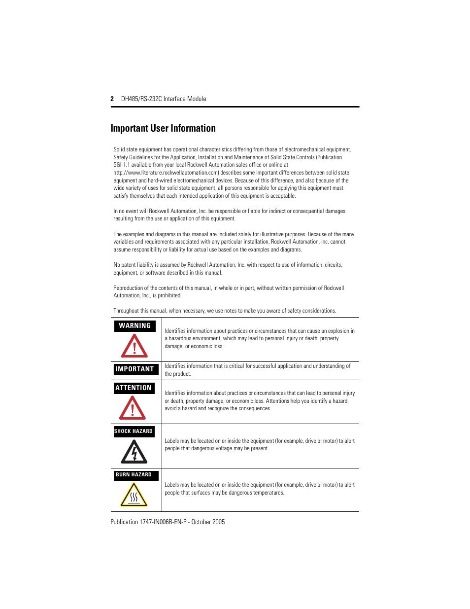 Important user information | Rockwell Automation 1747-KE DH-485/RS-232C INTERFACE MODULE User Manual | Page 2 / 24