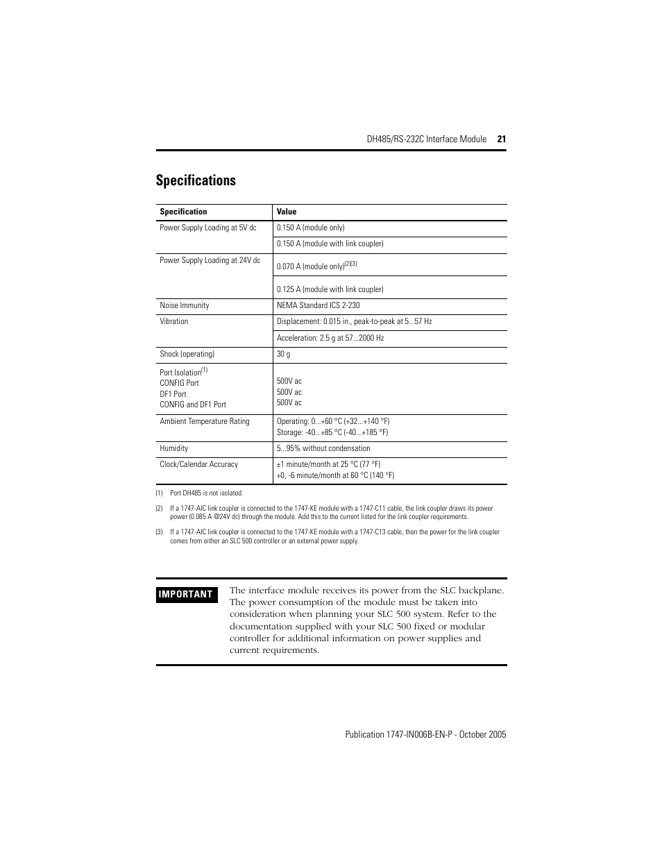 Specifications | Rockwell Automation 1747-KE DH-485/RS-232C INTERFACE MODULE User Manual | Page 21 / 24