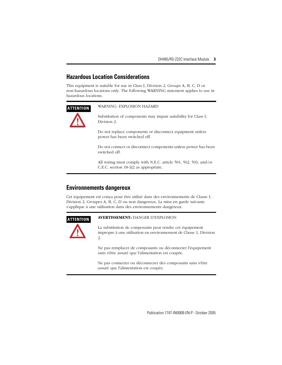 Hazardous location considerations, Environnements dangereux | Rockwell Automation 1747-KE DH-485/RS-232C INTERFACE MODULE User Manual | Page 3 / 24