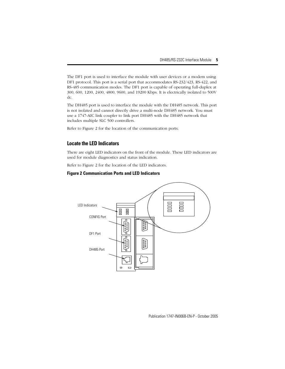 Locate the led indicators, Figure 2 communication ports and led indicators | Rockwell Automation 1747-KE DH-485/RS-232C INTERFACE MODULE User Manual | Page 5 / 24