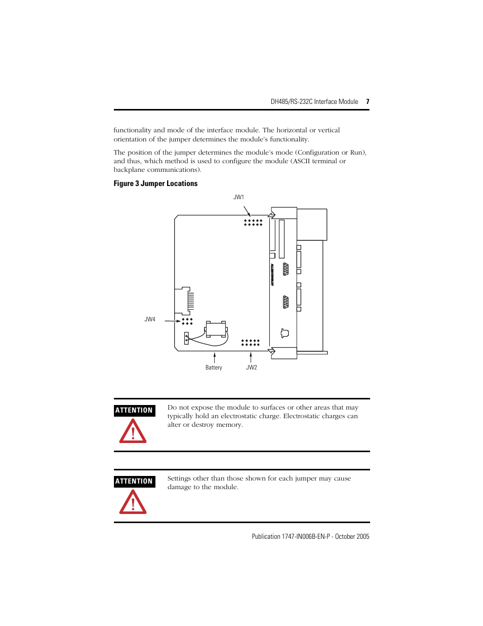 Figure 3 jumper locations | Rockwell Automation 1747-KE DH-485/RS-232C INTERFACE MODULE User Manual | Page 7 / 24