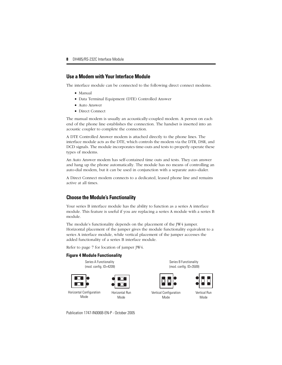 Use a modem with your interface module, Choose the module’s functionality | Rockwell Automation 1747-KE DH-485/RS-232C INTERFACE MODULE User Manual | Page 8 / 24