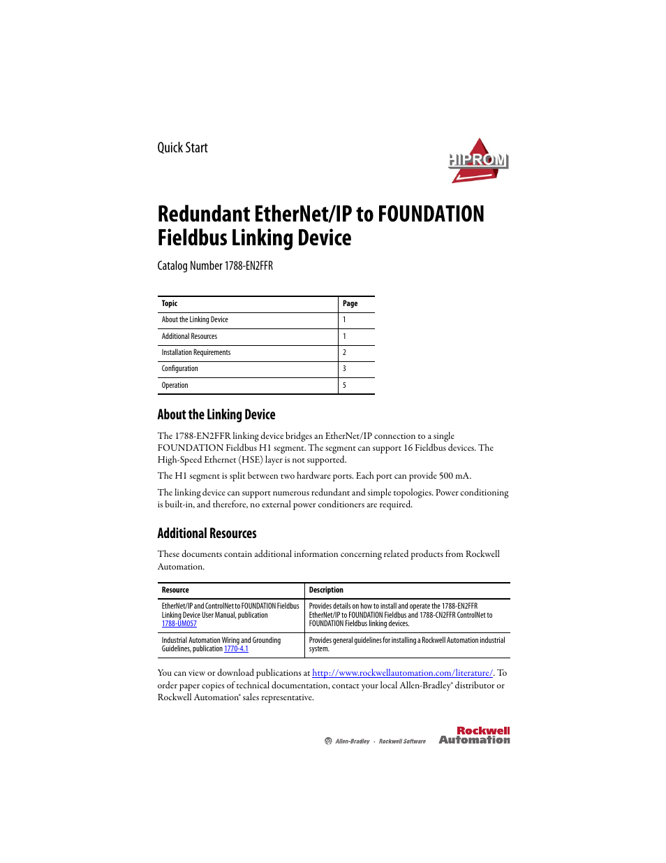 Rockwell Automation 1788-EN2FFR Redundant EtherNet/IP to FOUNDATION Fieldbus Linking Device User Manual | 8 pages