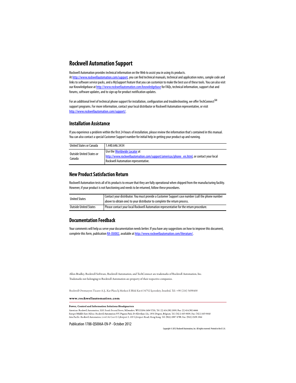 Rockwell automation support, Installation assistance, New product satisfaction return | Documentation feedback | Rockwell Automation 1788-EN2FFR Redundant EtherNet/IP to FOUNDATION Fieldbus Linking Device User Manual | Page 8 / 8