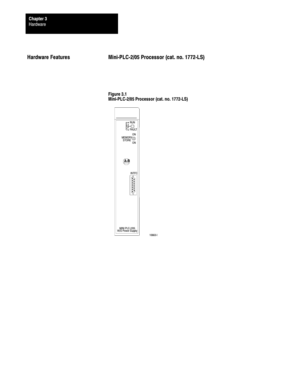 Hardware features, Hardware chapter 3 | Rockwell Automation 1772-LS_LSP,D17726.8.6 PROG/OPER MANUAL-MINI PLC-2/05 User Manual | Page 28 / 289
