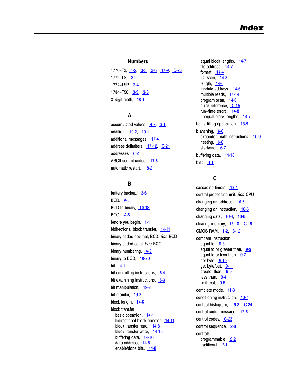 1772-6.8.6, index, Index | Rockwell Automation 1772-LS_LSP,D17726.8.6 PROG/OPER MANUAL-MINI PLC-2/05 User Manual | Page 282 / 289