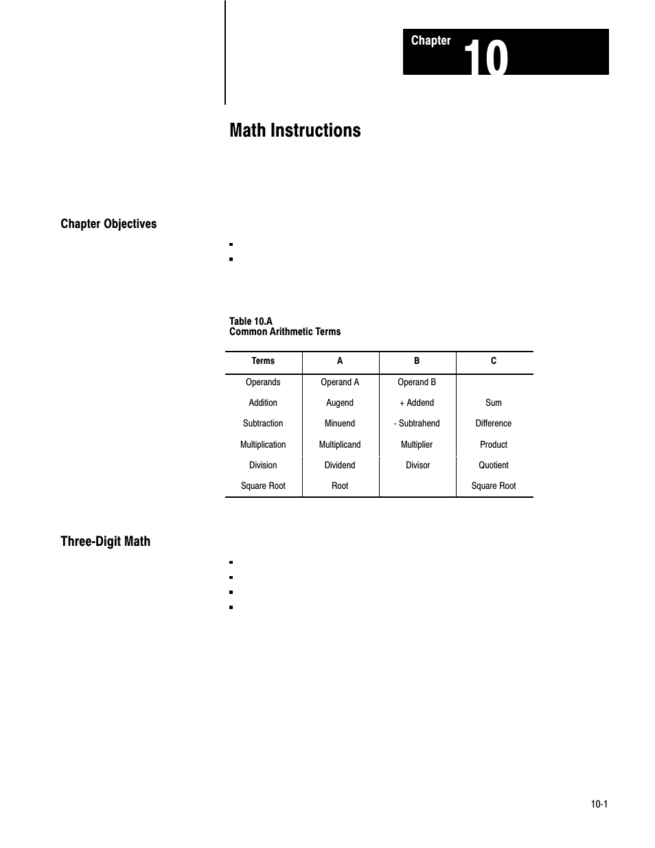 1772-6.8.6, 10 - math instructions, 10ć1, Math instructions | Rockwell Automation 1772-LS_LSP,D17726.8.6 PROG/OPER MANUAL-MINI PLC-2/05 User Manual | Page 89 / 289