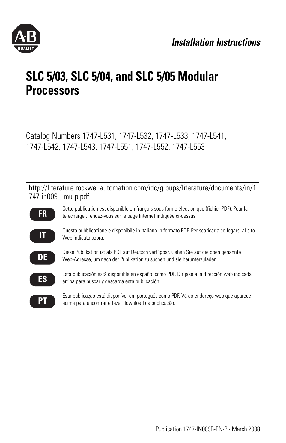 Rockwell Automation 1747-L5xx SLC 5/03, 5/04, and 5/05 Modular Processors User Manual | 20 pages
