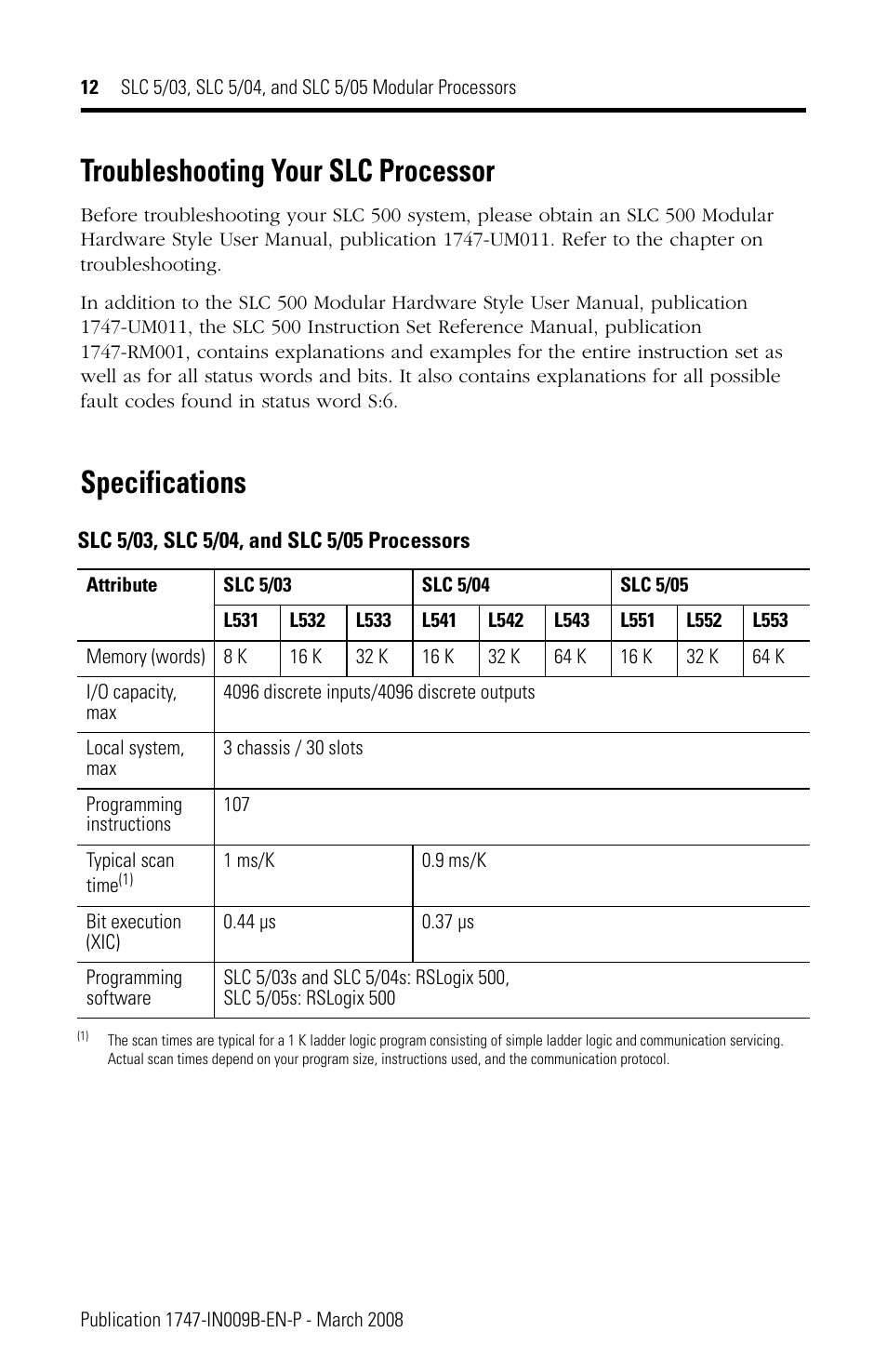 Troubleshooting your slc processor, Specifications, Specifications 12 | Rockwell Automation 1747-L5xx SLC 5/03, 5/04, and 5/05 Modular Processors User Manual | Page 12 / 20