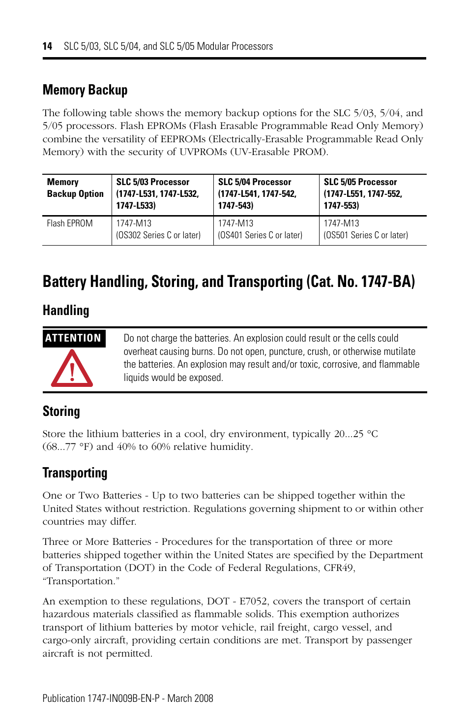 Memory backup, Handling, Storing | Transporting, Handling storing | Rockwell Automation 1747-L5xx SLC 5/03, 5/04, and 5/05 Modular Processors User Manual | Page 14 / 20