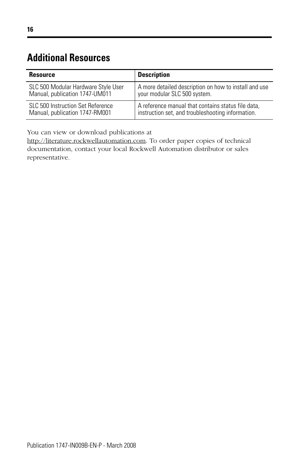 Additional resources | Rockwell Automation 1747-L5xx SLC 5/03, 5/04, and 5/05 Modular Processors User Manual | Page 16 / 20