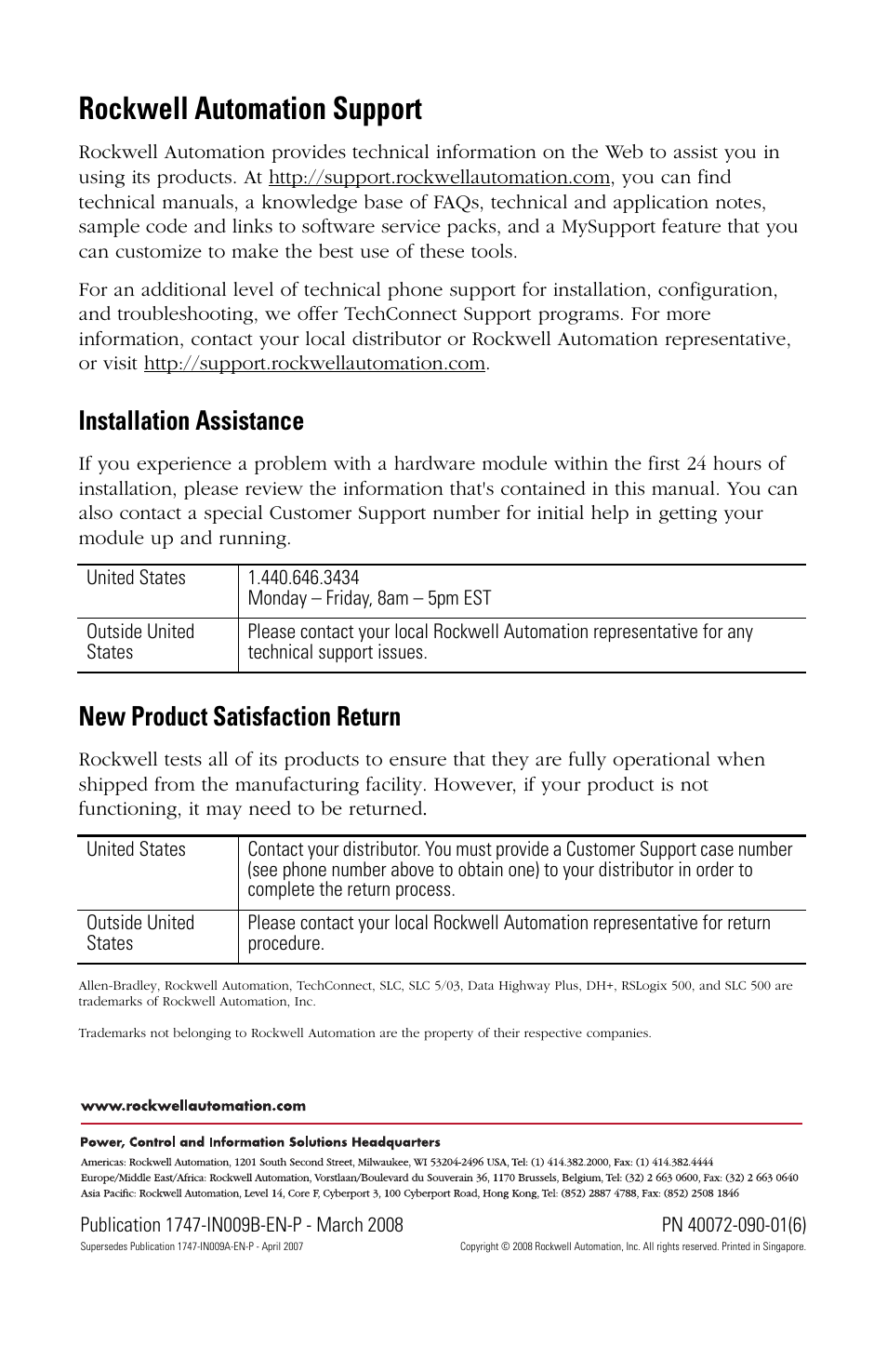 Back cover, Rockwell automation support, Installation assistance | New product satisfaction return | Rockwell Automation 1747-L5xx SLC 5/03, 5/04, and 5/05 Modular Processors User Manual | Page 20 / 20