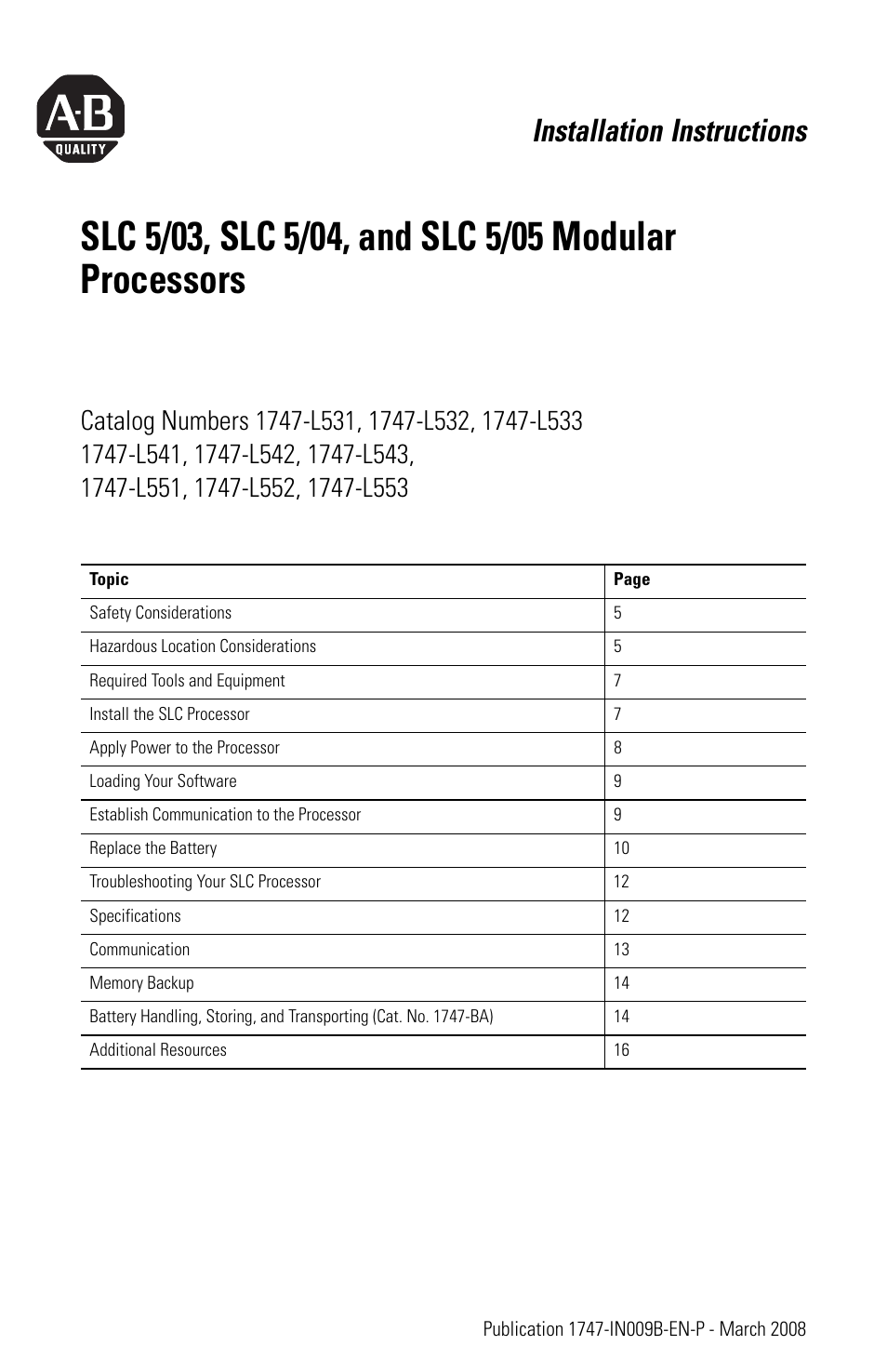 Installation instructions | Rockwell Automation 1747-L5xx SLC 5/03, 5/04, and 5/05 Modular Processors User Manual | Page 3 / 20